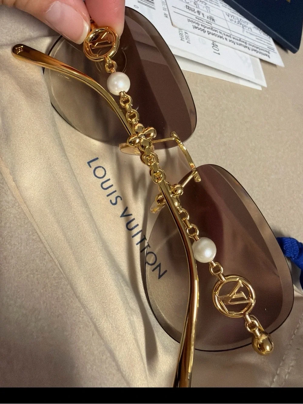 Louis Vuitton Gold-Trim Pearl Pilot Sunglasses - Brown Gradient Lenses